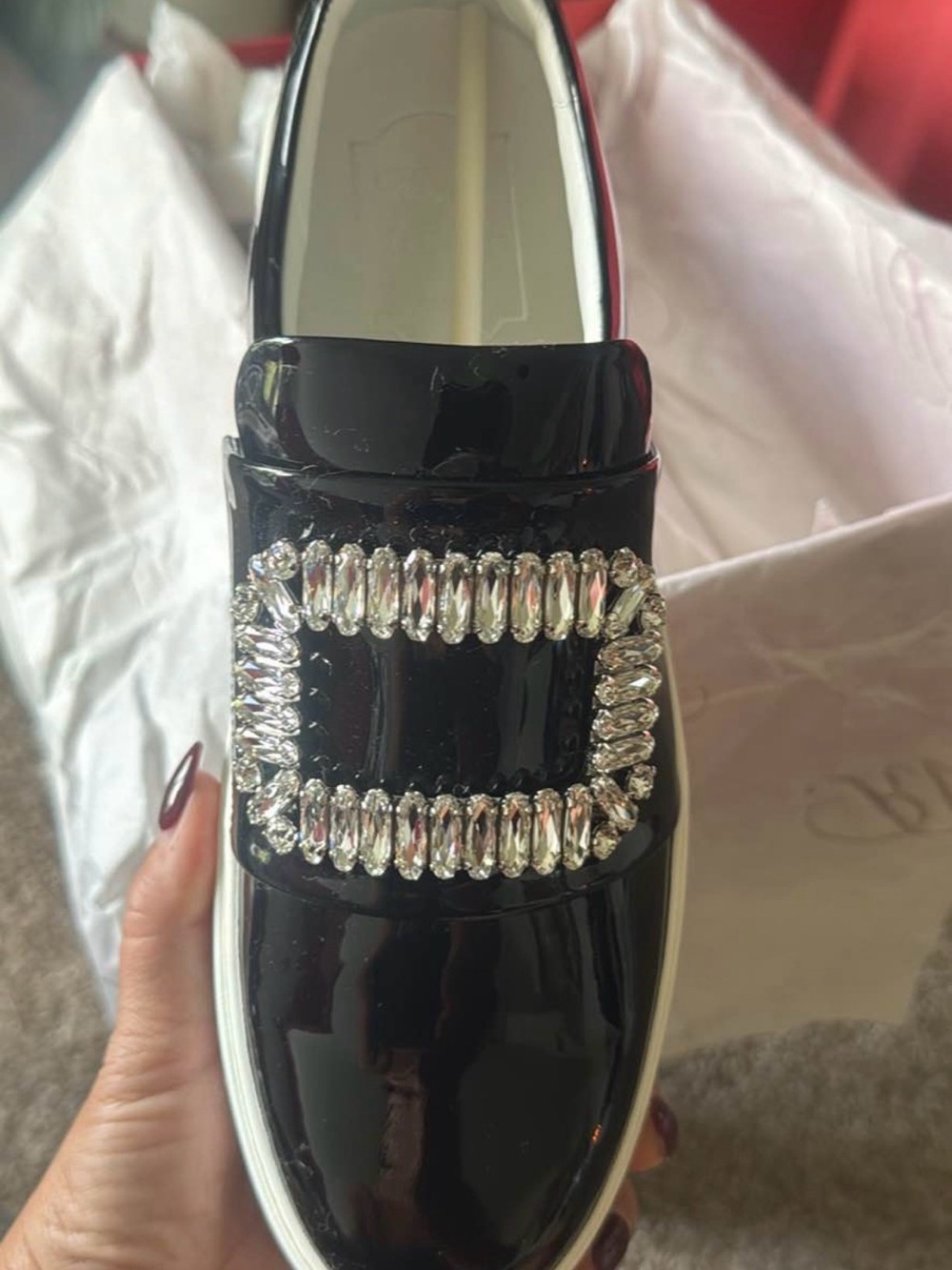 Roger Vivier Black Patent Slip-On Loafer with Crystal Buckle